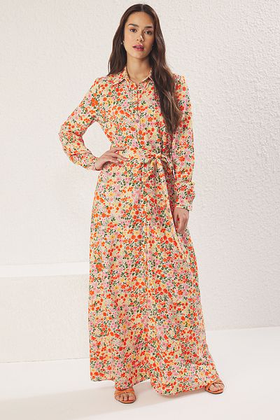 Trendyol Modest Orangefarbenes gewebtes Kleid aus Leinenmischung mit Blumenmuster TCTSS25EB00113