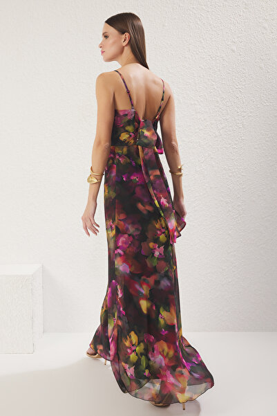 Trendyol Collection Πολύχρωμο βραδινό φόρεμα αποφοίτησης με φιόγκο σιφόν μακριά πτήση TPRSS25AE00152