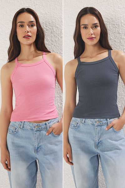 Trendyol Collection Anthrazit-Rosa 2-teiliger Tank-Top-Neckholder-Rippenstrick
