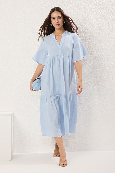 Trendyol Collection Rochie țesătă midi cu croială largă de muselină albastră TWOSS25EL00209