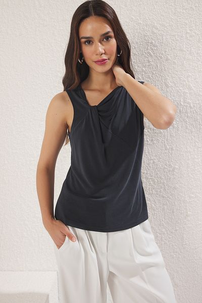 Trendyol Collection Anthracite Modal Content Asymmetrical Neck Zero Sleeve Regular Blouse