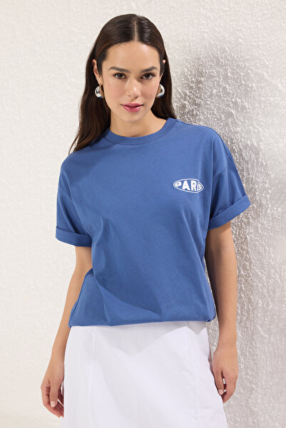 Trendyol Collection Indigo-T-Shirt aus 100 % Baumwolle, bedruckt, Premium-Ove...