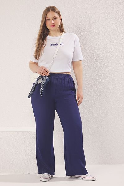 Trendyol Curve Navy Blue High Waist Wide Leg Viscose Content Woven Pants Tbbss25Ar00027