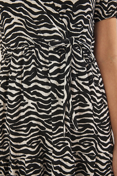 Trendyol Collection Black Wrap-Around Zebra Print V-Neck Skater/Waist Opening Midi Stretchy Knitted Dress Twoss25El00697