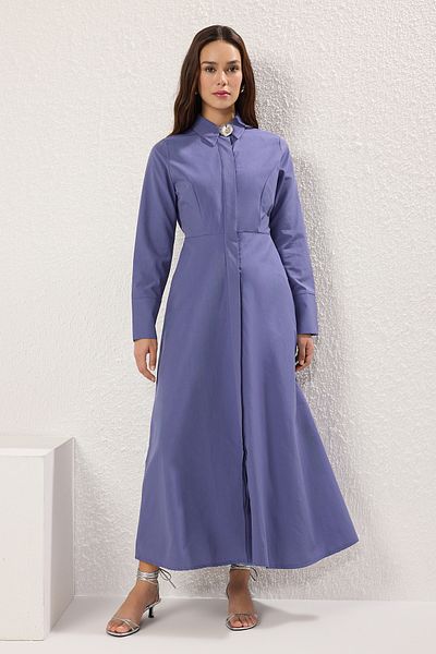 Trendyol Modest Indigo Bavlna Stříbrná Květina Knoflík Příslušenství Elastické tkané šaty TCTSS25EB00094