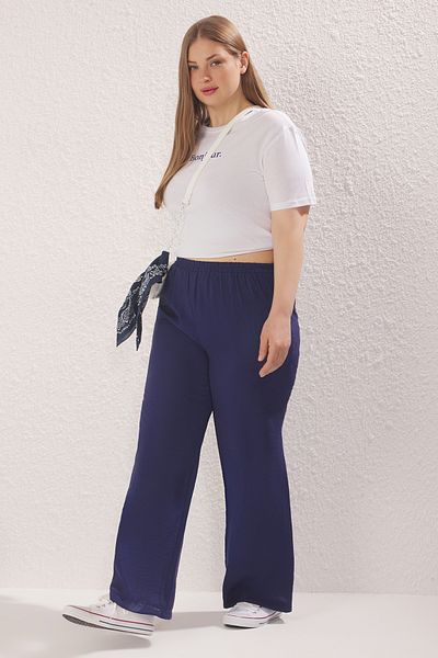 Trendyol Curve Navy Blue High Waist Wide Leg Viscose Content Woven Pants Tbbss25Ar00027