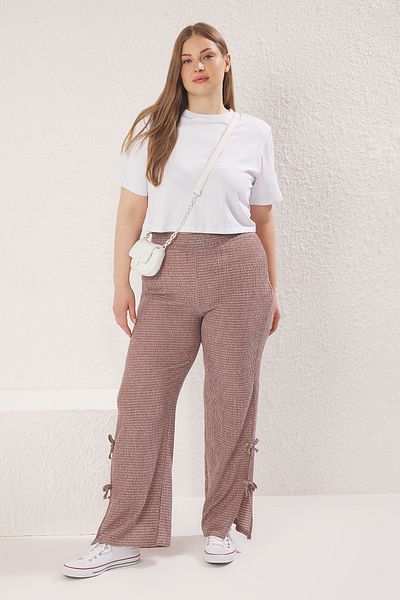 Trendyol Curve Tile-Hose mit weitem Bein und hoher Taille, Schleife, detailliert, große Größe TBBSS25AR00045