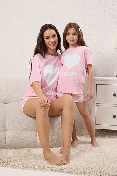 TRENDYOLKIDS Růžové Dámské Dětské 100% Bavlna Mini Me/Máma-Dcera Tričko Šortky Pletené Pyžamo Set TKDSS25PT00028
