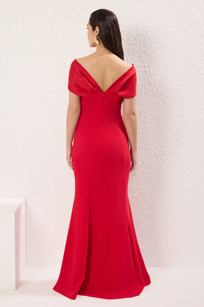 Trendyol Collection Red Fish Cut szőtt hosszú, stílusos estélyi ruha éjszakai ballagási ruha TPRSS25AE00159