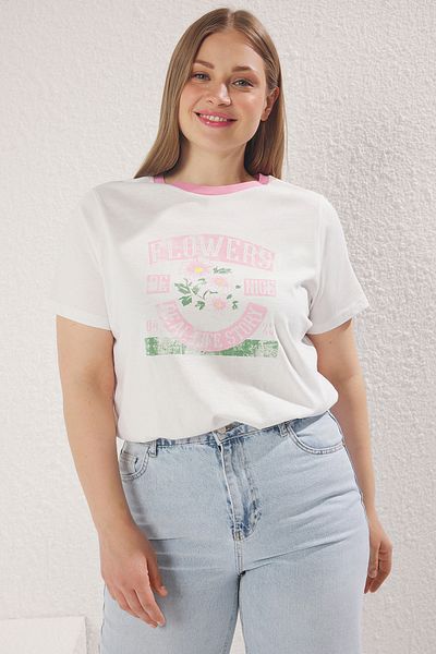 Trendyol Curve Μπλουζάκι Boyfriend Fit Plus Size 100% βαμβακερό ροζ - εμπριμέ που πλένεται TBBSS25BF00057