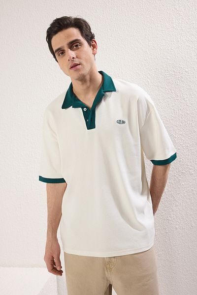 Trendyol Collection Футболка-поло з вишивкою в стилі екрю великого розміру / широка посадка з детальним коміром з 100% бавовни TMNSS25PO00013