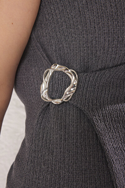 Trendyol Curve Gray Akseuar-Detailed Double Breasted Knitted Blouse Large Size Tbbss25Bh00024