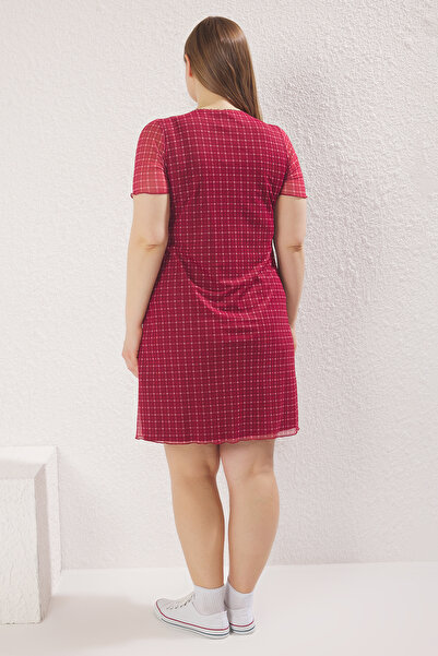 Trendyol Curve V-Neck Burgundy Plaid Mini Dress - Plus Size Tbbss25Ah00192