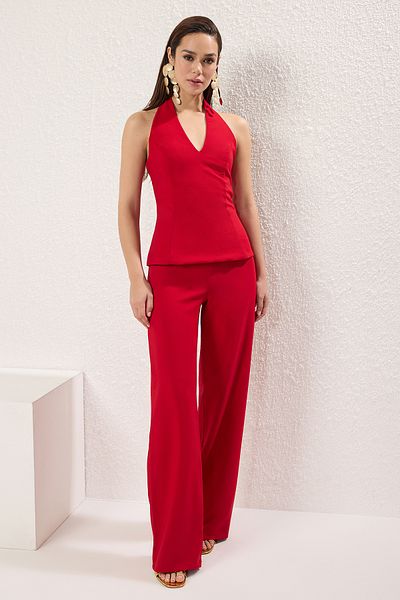 Trendyol Collection Red V-Neck Woven Stylish Jumpsuit Tprss25Tu00013