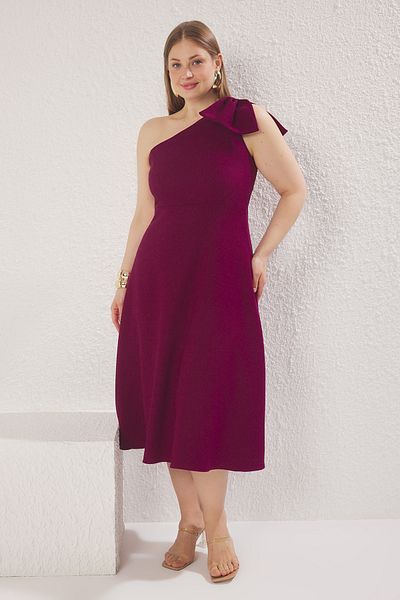 Trendyol Curve Plum One Shoulder Midi Woven Plus Size Dress with Ribbon