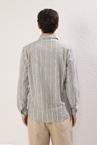 Trendyol Collection Бежева темно-синя білизна в смужку Regular Fit Linen Look Сорочка TMNSS25GO00037