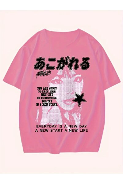 LAND MODA Γυναικείο κοντομάνικο μπλουζάκι με στάμπα σλόγκαν/πορτρέτο