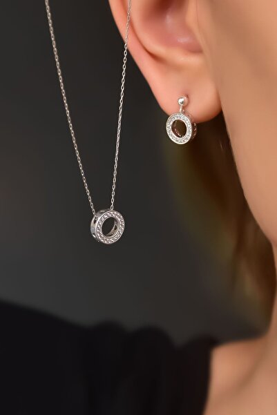 Papatya Silver 925 Ayar Gümüş Rodyum Kaplama Yuvarlak Kolye Ve Küpe Set