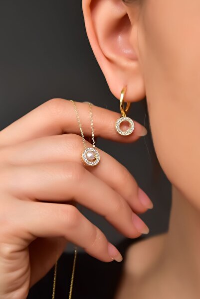 Papatya Silver 925 Ayar Gümüş Gold Kaplama Incılı Yuvarlak Kolye Ve Küpe Set