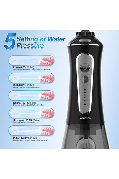Youtrico 2025 upgraded whitening water dental floss, portable rechargeable,IPX7(black-P11)
