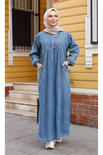 Pamuk Butik Women's Long Denim Dress with Pockets and Robe