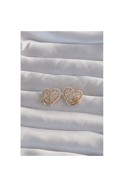 Skygo Gold Colored Brass - Heart Earrings with Bow Detail and Pearls and Zircon Stones - Tj-bkp9299