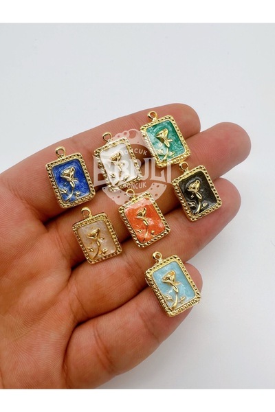 Ebruli Boncuk Altın Çerçeveli Dikdörtgen Gül Kabartmalı Kolye Ucu Takı Aksesu...