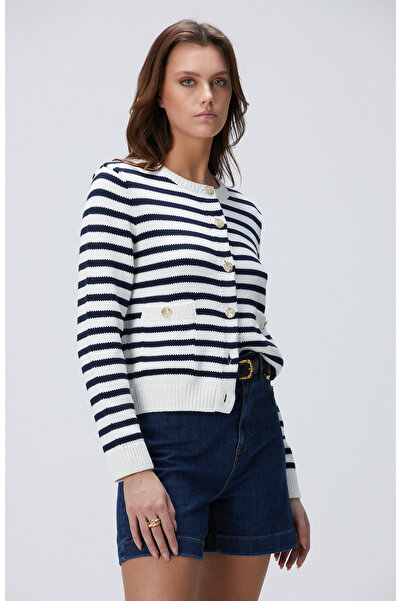 Network Lacivert Beyaz Çizgili Triko Ceket