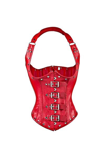 Generic Women's Underbust Corset - Red Steampunk Halter Neck Leather Bustiers with Rivets and Belt Waist Trainer