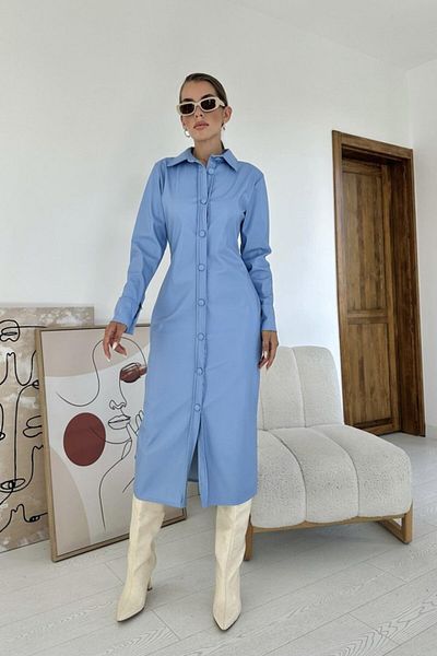 MRA Fashion Blue Length Button Leather Dress
