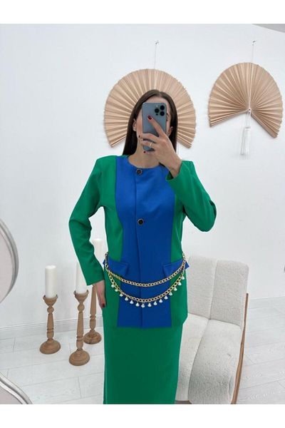 Viyamo Green Atlas Fabric Garnished Jacket and Skirt Set