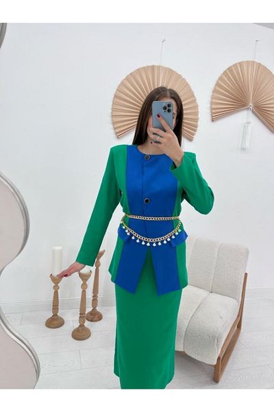 Viyamo Green Atlas Fabric Garnished Jacket and Skirt Set