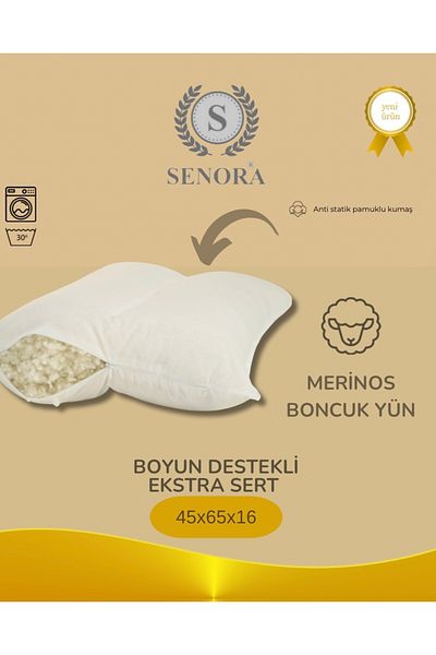 SENORA Pernă de lână cu mărgele naturale extra tare cu suport pentru gât