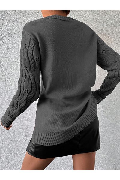 TRQOM Women's Leaf Pattern Crew Neck Openwork Anthracite Knitwear Sweater