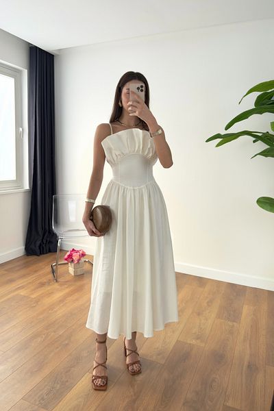 BİRCANÇİL Md Vesilla Ecru Linen Look Dress with Collar Detail