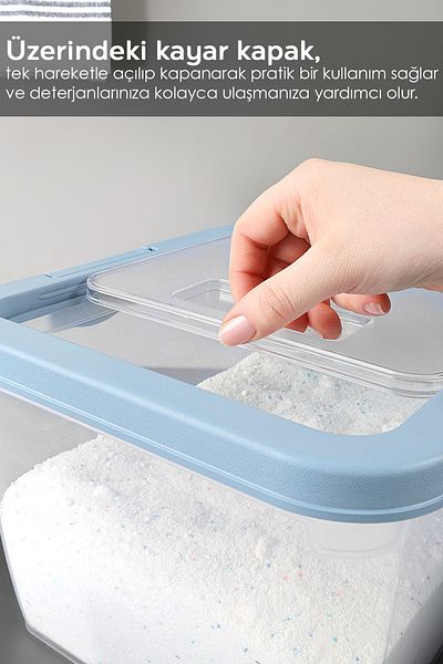 Meleni Home 10 Lt Blue Tablet Powder Detergent Container with Label, Locking Sliding Lid Storage Box