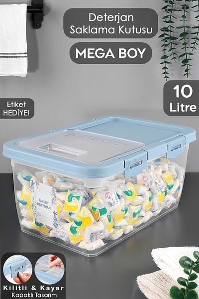 Meleni Home 10 Lt Blue Tablet Powder Detergent Container with Label, Locking Sliding Lid Storage Box