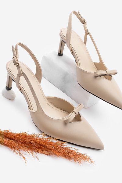 Marjin Women's Stiletto Pointed Toe Bow Heeled Shoes Forve Beige