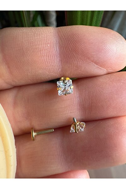 Bylin Cerrahi Çelik Kare Zirkon Taşlı Tek Taş Labret Piercing, Tragus, Helix, Lobe -Taş 4mm/Bar 6mm-1 Adet