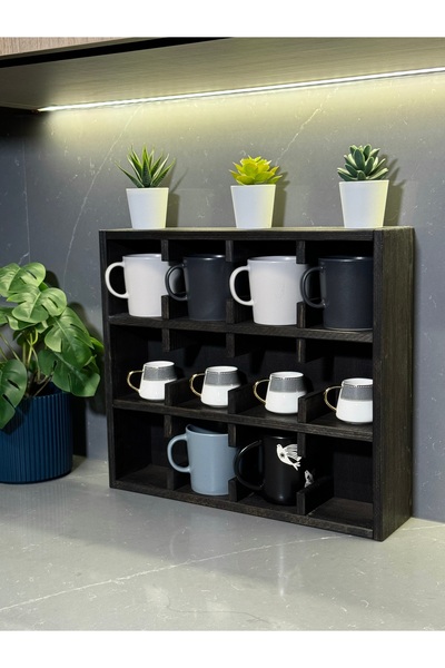 bevorev Dekoratif Ahşap Kupa Bardak Rafı, 12 Bölmeli Raf, Mutfak Rafı