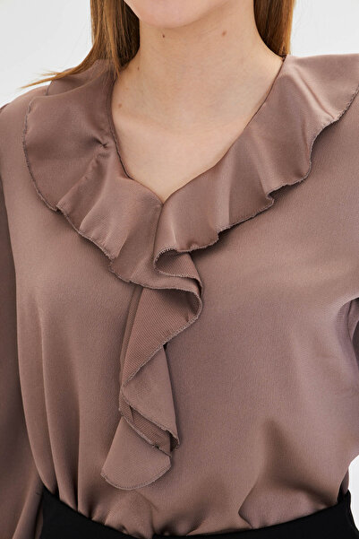 armonika Γυναικείο γιακά βιζόν με Frilled Shoulder Συγκεντρωμένο μανίκι ελαστικό βαμβακερό σατέν μπλούζα ARM-22K001059