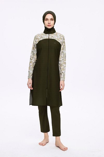 Nehar Khaki 3 Piece Woven Full Hijab Swimsuit Set with Patterned Sleeves 2277