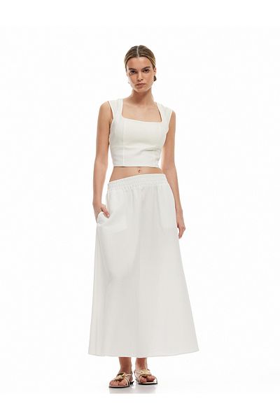Koton Comfortable Fit Viscose-Linen Blended Long Flared Skirt with Pockets