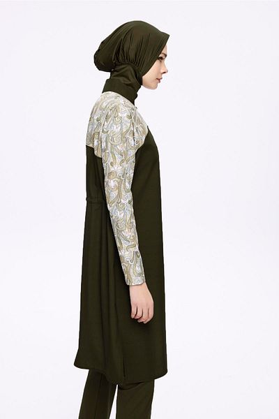 Nehar Khaki 3 Piece Woven Full Hijab Swimsuit Set with Patterned Sleeves 2277