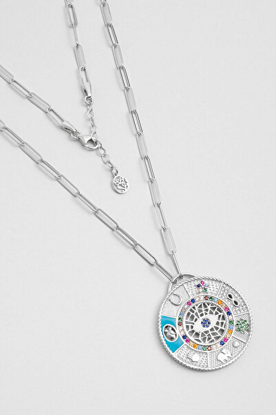 So CHIC... Şans Güneşi 18 Ayar Beyaz Altın Kaplama 53 Cm Gümüş Madalyon Kolye