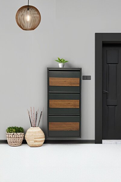 formood Üçlü Metal Ayakkabılık Antrasit MDF Ceviz