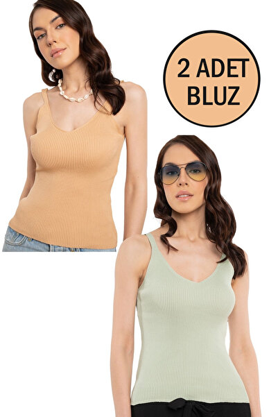 AQE FASHION 2 li Set İp Askılı Yazlık Bluz