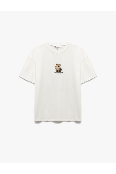 Koton Cat Embroidered Crew Neck Short Sleeve Cotton Oversize T-Shirt