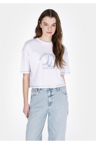 Colin's Comfort Fit Round Neck Printed Women's White Short Sleeve T-Shirt