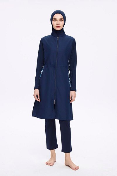 Nehar Underarm Patterned Navy Blue 3 Piece Woven Full Hijab Swimsuit Set 2279